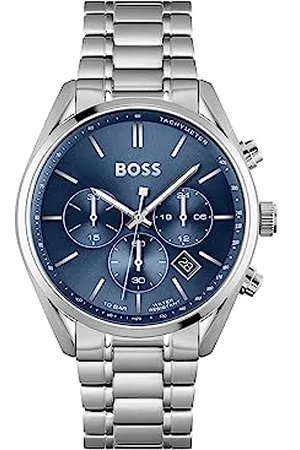 HUGO BOSS Herren Chronograph Quarz Uhr 44mm Champion Kollektion mit Blauem Zifferblatt und Silbernem Edelstahlarmband, Datumsfunktion, 3 Hilfszifferblätter, 10ATM Wasserdichtigkeit - 1513818
