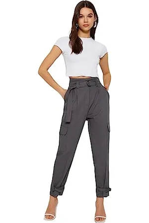 Trendyol Damen Gerade Jogger Hohe Taille Hose Pants, Gray, 38