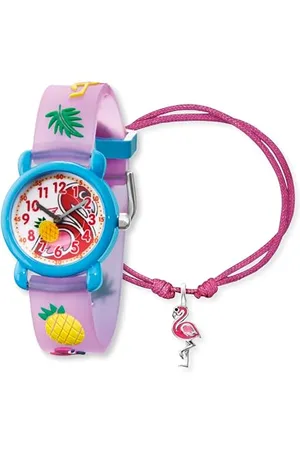 Engelsrufer Herzengel Kinder Uhrenset mit Flamingo Motiv - analoge Armbanduhr, robustes Kunststoffgehäuse, weiches Band, 27mm, 3ATM mit passendem Nylonarmband und Stiftemäppchen