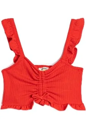 Koton Girls Crop Tank Top Strappy Ruffle Front Shirred Scoop Neck