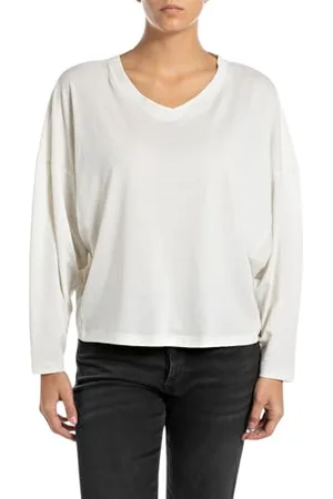 Replay Damen Langarmshirt mit V-Ausschnitt, Weiß (Butter White 412), M