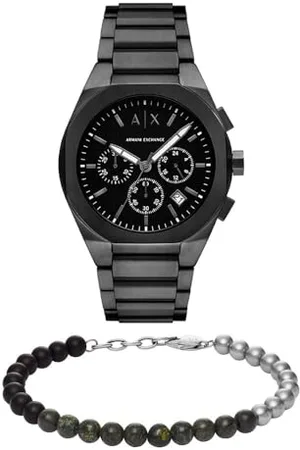 Armani Exchange Herren Schwarze Edelstahl-Uhr und Silber-Ton Armband, Set