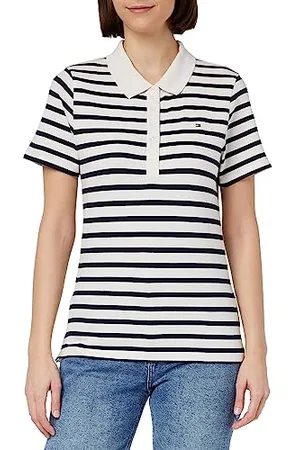 Tommy Hilfiger Damen Poloshirt Kurzarm 1985 Slim Pique Slim Fit, Weiß (Breton Stripes W White/Desert Sky), XXL