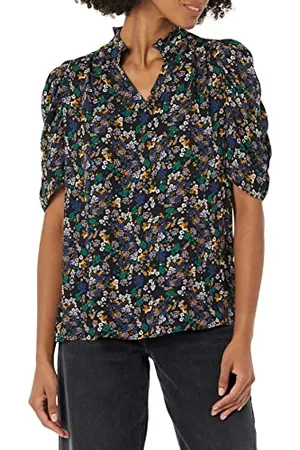 Amazon Damen Leichte, gewebte Georgette-Bluse mit halben Ärmeln und Rüschenausschnitt, , XS