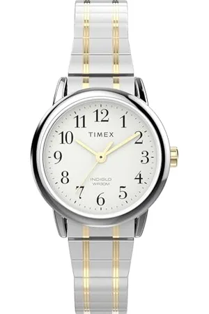 Timex Easy Reader Damen-Armbanduhr, 25 mm, zweifarbiges Edelstahl-Stretcharmband, weißes Zifferblatt, silberfarbenes Gehäuse TW2W52500