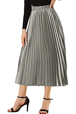 Allegra K Damen Elastische Taille Party Metallic Glänzend Akkordeon Plissee Midi Rock, , Groß