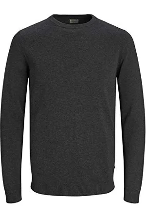 JACK & JONES Dünner Langarm Strickpullover Rundhals Basic Sweater Shirt Jumper JJEBASIC, Farben:Dunkelgrau,Größe Pullover:M