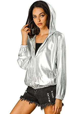 Allegra K Damen Bluson Langarm Metallic Jacke Holographic Party Reißverschluss Kapuzenjacke M