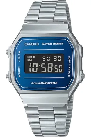 Casio Unisex Quartz Armbanduhr, 38.60mm GehäusegröÃŸe mit blau digital Zifferblatt und Silber Metallarmband Armband A168WEM-2BEF