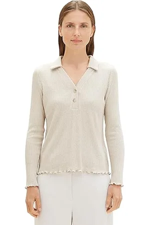 TOM TAILOR Damen Basic Langarmshirt mit Polo-Kragen, doeskin melange, XL