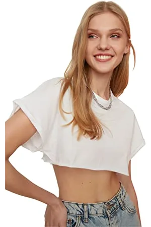 Trendyol Damen Weißes Super Crop Gestricktes T-Shirt, , L EU