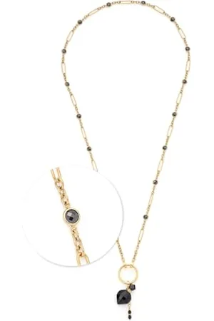 Leonardo Halskette Delica, lange Kette aus goldfarbenem Edelstahl, längliche Kettenglieder, schwarze Glassteine und Mini-Flakon, 80-82,4 cm Länge, Schmuck Geschenk, 024439