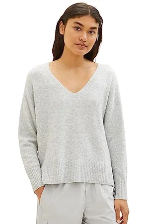 TOM TAILOR Damen 1038392 Basic Pullover mit V-Ausschnitt, 32510-basic Light Grey Melange, XS