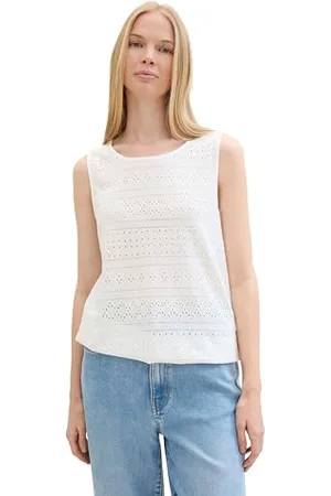 TOM TAILOR Damen Basic Jacquard Top mit Lochstickerei , Whisper White, XXL