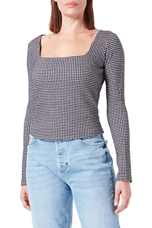 HUGO BOSS Damen Deamia Top aus Stretch-Jersey mit eckigem Ausschnitt und Hahnentritt-Muster Grau S