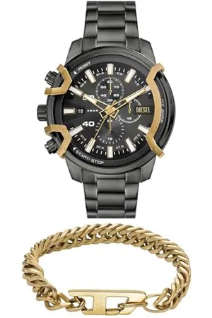 Diesel Herren Edelstahl Griffed Grau Uhr und Gold-Ton Armband, Set