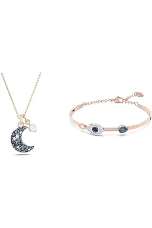 Swarovski Luna Halskette, Mehrfarbige, Rosé Vergoldete Damenhalskette mit Mondanhänger und Strahlenden Kristallen & Symbolic Armreif, Böser Blick, Blau, Metallmix
