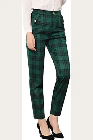 Allegra K Damen Vintage Tartan Plaid Hose Elastische Taille Gerade Lange Hose, , Groß