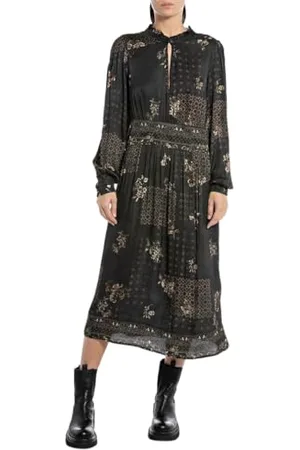 Replay Damen Maxikleid Langarm All Over Print, (Mehrfarbig), M