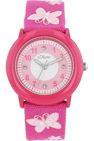 QS by s.Oliver Armbanduhr Mädchen Kinder Quarzuhr Analog, mit Textil Armband, Pink, 3 bar Wasserdicht, Kommt in Uhren Geschenk Box, 2036748