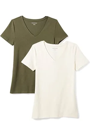 Amazon Damen Kurzärmeliges T-Shirt mit V-Ausschnitt, Klassischer Schnitt, 2er-Pack, , S