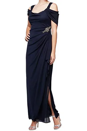 ALEX Damen Long Cold Shoulder Dress, Mother of The Bride, Events (Petite and Regular Sizes) Formales Abendkleid, Perlen-Marineblau, 42 Zierlich