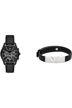 Emporio Armani Herrenuhr Schwarz Leder und Armband Silber Edelstahl, Set