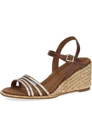 Caprice Damen Sandalen mit Keilabsatz mit verstellbarem Riemchen Sommer, Braun (Cognac/Gold), 42 EU