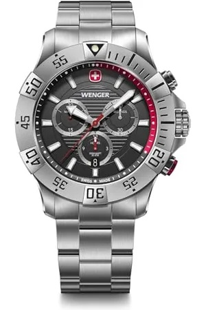 Wenger Herren Armbanduhr Seaforce Chronograph Ø 43 mm, Swiss Made, Analog Quarz, Wasserdicht bis 200 m, Edelstahl-Armband, Schwarz/Silber, 01.0643.123
