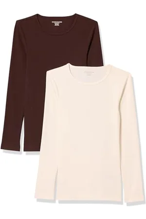 Amazon Damen Schmal geschnittenes Oberteil mit Langen Ärmeln und Rundhalsausschnitt aus Rippstrick (in Übergröße erhältlich), 2er-Pack, , 6XL Große Größen