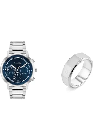 Calvin Klein Multi Zifferblatt Quarz Uhr für Herren mit Silbernes Edelstahlarmband - 25200063 Ring für Herren Kollektion Latch - 35000316G