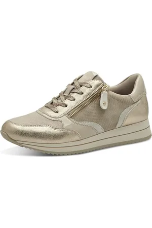 Jana Damen Sneaker flach mit Reißverschluss Vegan, Mehrfarbig (Beige/Gold), 41 EU