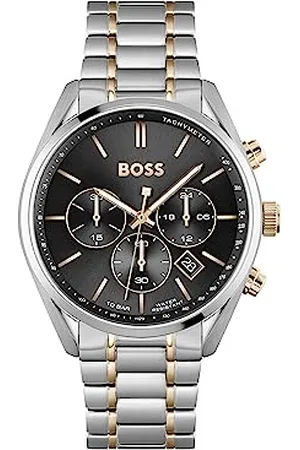 HUGO BOSS Herren 44mm Chronograph Quartz Uhr Champion Kollektion mit Schwarzem Zifferblatt und Zweifarbigem Edelstahlarmband, Datumsfunktion, 3 Hilfszifferblätter, 10ATM Wasserdichtigkeit - 1513819