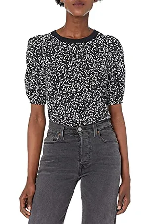 Amazon Damen Kurzärmliges T-Shirt mit Puffärmeln und Rundhalsausschnitt in klassischer Passform, , XS