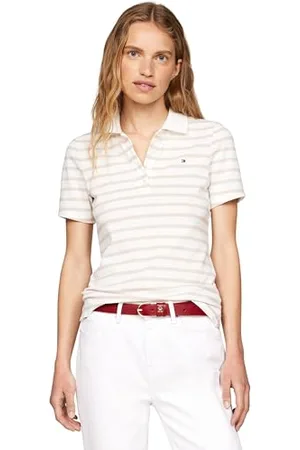 Tommy Hilfiger Damen Poloshirt Kurzarm Stripe Slim Fit, Weiß (Breton STP/Ecru/Classic Beige), M