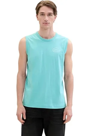 TOM TAILOR Herren Basic Tanktop mit Schriftzug-Print, meadow teal, L