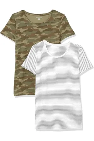 Amazon Damen Kurzärmeliges T-Shirt mit Rundhalsausschnitt, Klassischer Schnitt, 2er-Pack, , M
