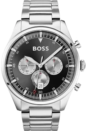 HUGO BOSS Herren Chronograph Quarz Uhr 44 mm Pioneer Collection mit Schwarzem Zifferblatt, Silbernem Edelstahlarmband, Datumsfunktion, 3 Hilfszifferblätter, 5ATM Wasserdichtigkeit - 1513712