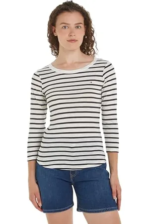Tommy Hilfiger Damen Langarmshirt 1985 Slim Slub Basic, Mehrfarbig (Breton Ecru/Desert Sky), XS