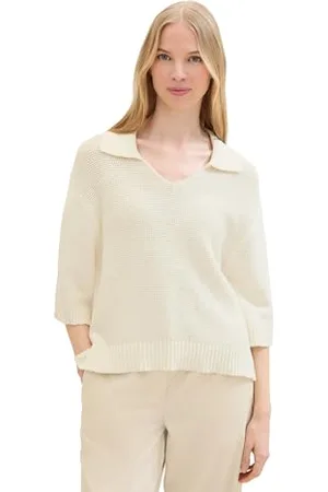 TOM TAILOR Damen Basic Strick-Poloshirt, Whisper White, M