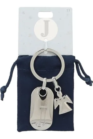 Depesche 11800-011 Silberner Schlüsselanhänger mit Buchstabe J und Schutzengel, Zinklegierung, inkl. farbigem Samtbeutel