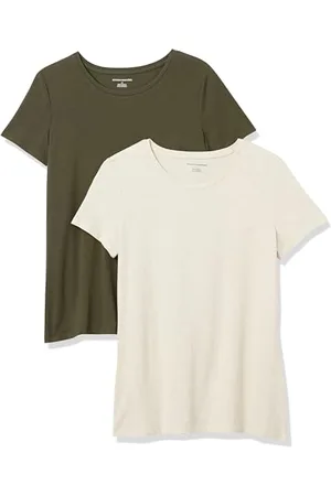 Amazon Damen Kurzärmeliges T-Shirt mit Rundhalsausschnitt, Klassischer Schnitt, 2er-Pack, , XS