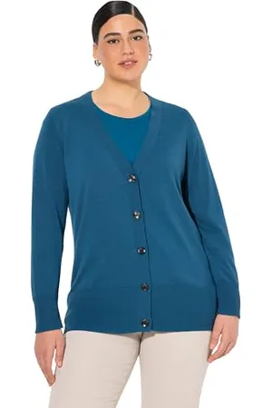 Ulla Popken Damen Strickjacke, V-ausschnitt, Knopfleiste, Feinstrick, , 62-64 EU
