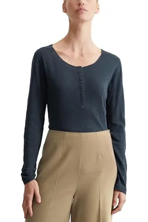Marc O’ Polo Marc OߴPolo Damen Langarmshirt aus Bio-Baumwolle mit Knopfleiste, Blau (Deep Blue Sea), XS