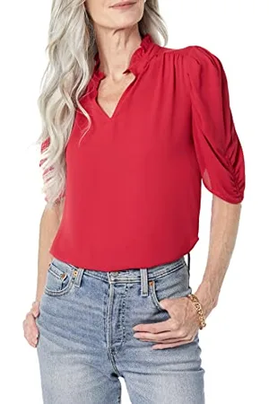 Amazon Damen Leichte, gewebte Georgette-Bluse mit halben Ärmeln und Rüschenausschnitt, , XS