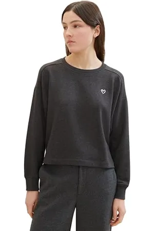 TOM TAILOR Damen Cropped Basic Sweatshirt mit Herz-Print, , XL