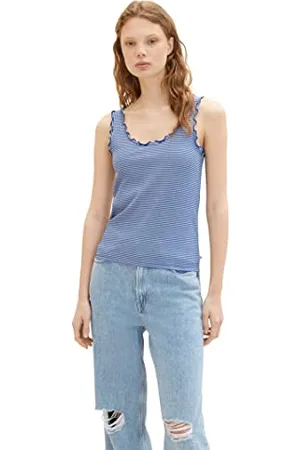 TOM TAILOR Damen 1038422 Basic Top mit Rüschen, 32610-Small Royal Blue White Stripe, M