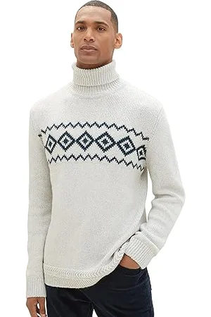 TOM TAILOR Herren Norweger Strickpullover mit Jaquard-Muster, vintage beige twotone neps, XL