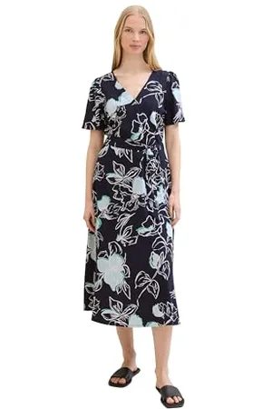 TOM TAILOR Damen Gemustertes Wickelkleid , navy blue flower design, 40