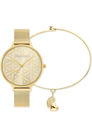 Engelsrufer Damenuhr mit Lebensblume & Mesh-Armband + Passender Armreif mit Herz- und Flügel-Anhänger – Stilvolle Kombination aus Edelstahl & 925er Silber